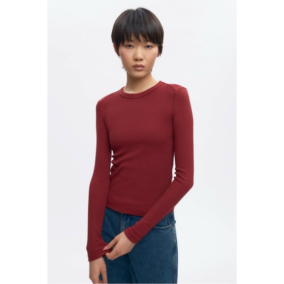 Kotn Size XS Red Ribbed Egyptian Cotton Blend Fitted Long Sleeve Tee - Picture 7 of 7